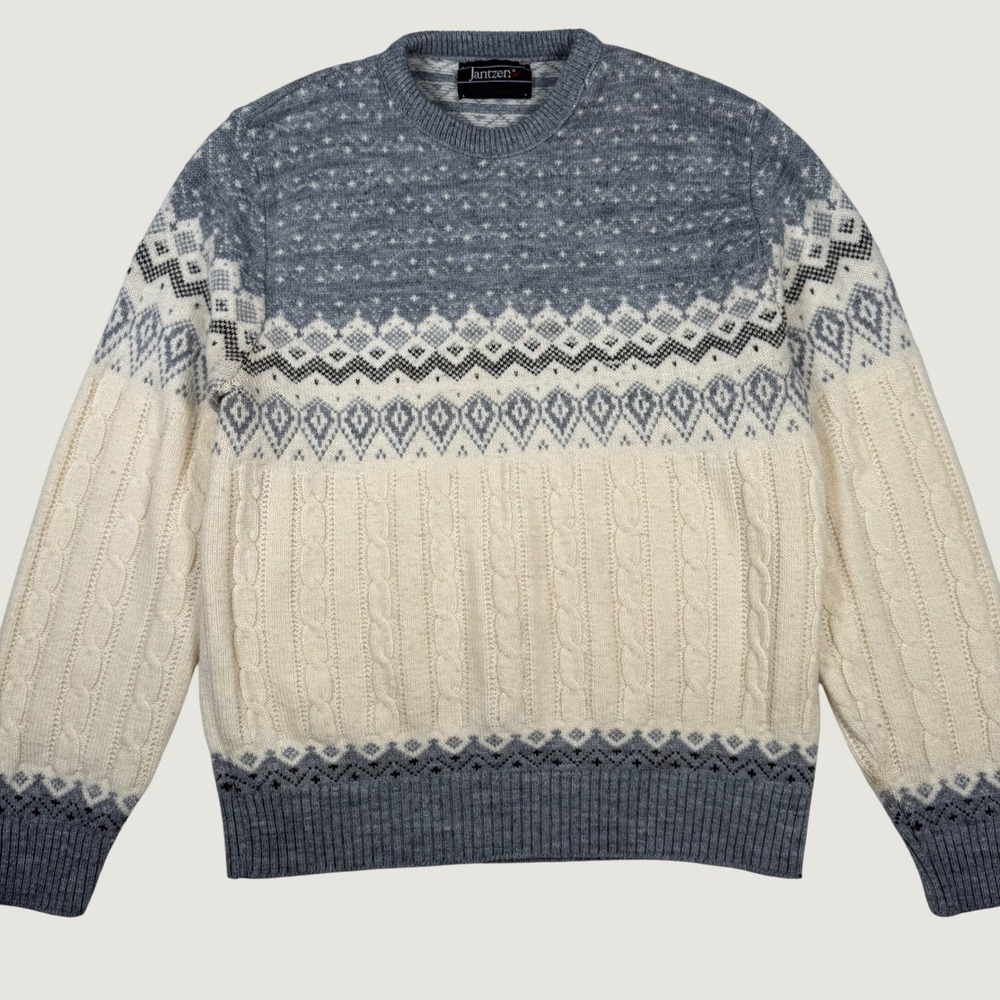 Vintage Jantzen Mens Large Fair Isle Cable Knit Sweater Grey Cream Nordic L